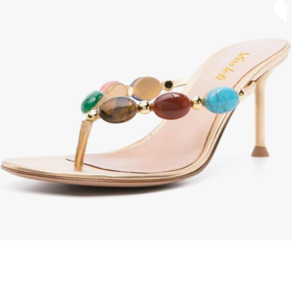 miss left Gold Jewelled Open Toe Flip Flops Thin High Heel Slip on Thong Sandals